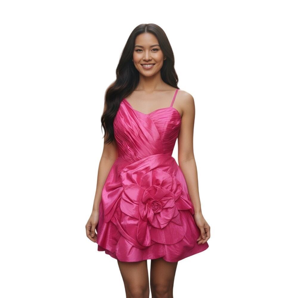 Vintage Caroline K Casuals Hot Pink Rosette Mini Dress Size 7 Strapless Prom